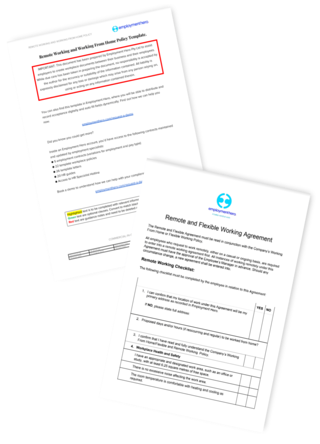 Two pages from a remote work policy and employee agreement document