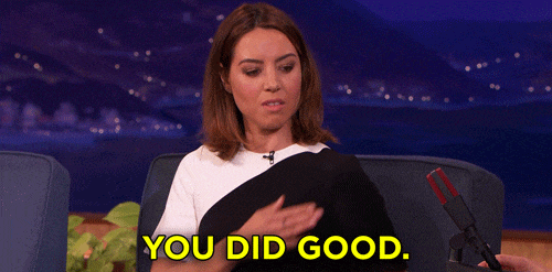 Aubrey Plaza patting herself on the shoulder, 'You did good'