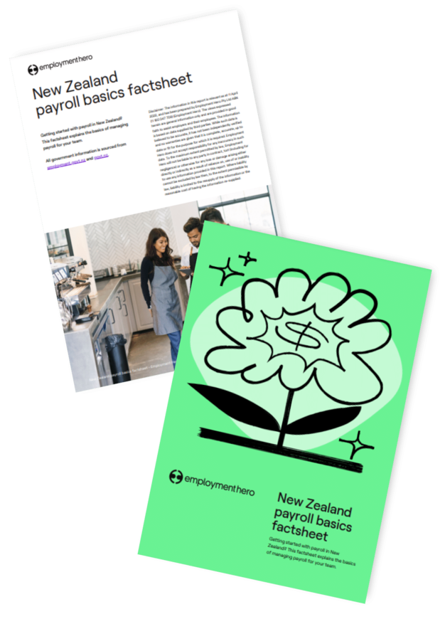 Two pages shown from a New Zealand payroll basics factsheet.