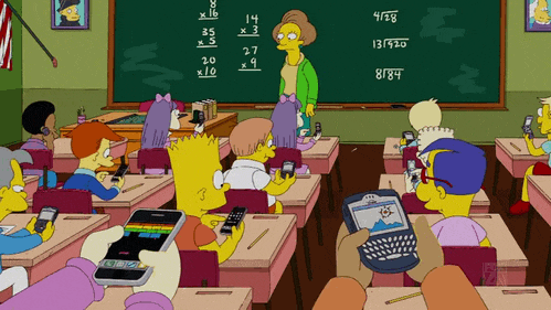 Cartoon characters in a classroom all typing on their phones
