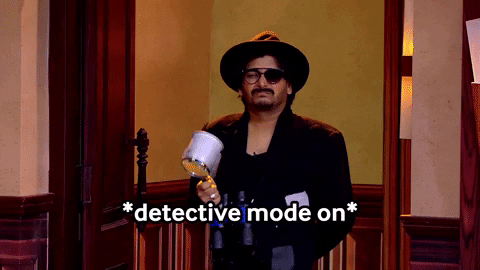 A man walks into a room with a costume on, with the caption 'detective mode on'