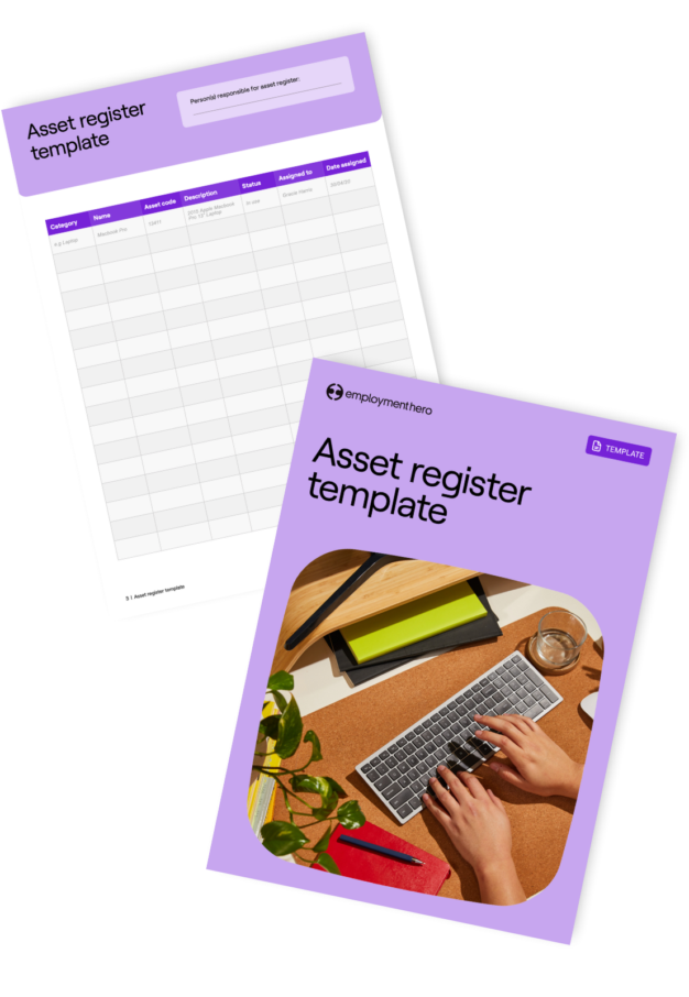 Two-page document titled 'Asset register template,' featuring a cover image with a person typing on a laptop at a desk