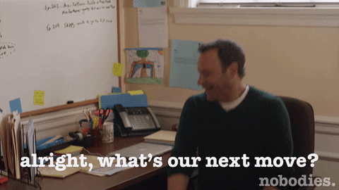 A man sits at a desk, saying "alright, what's our next move?"