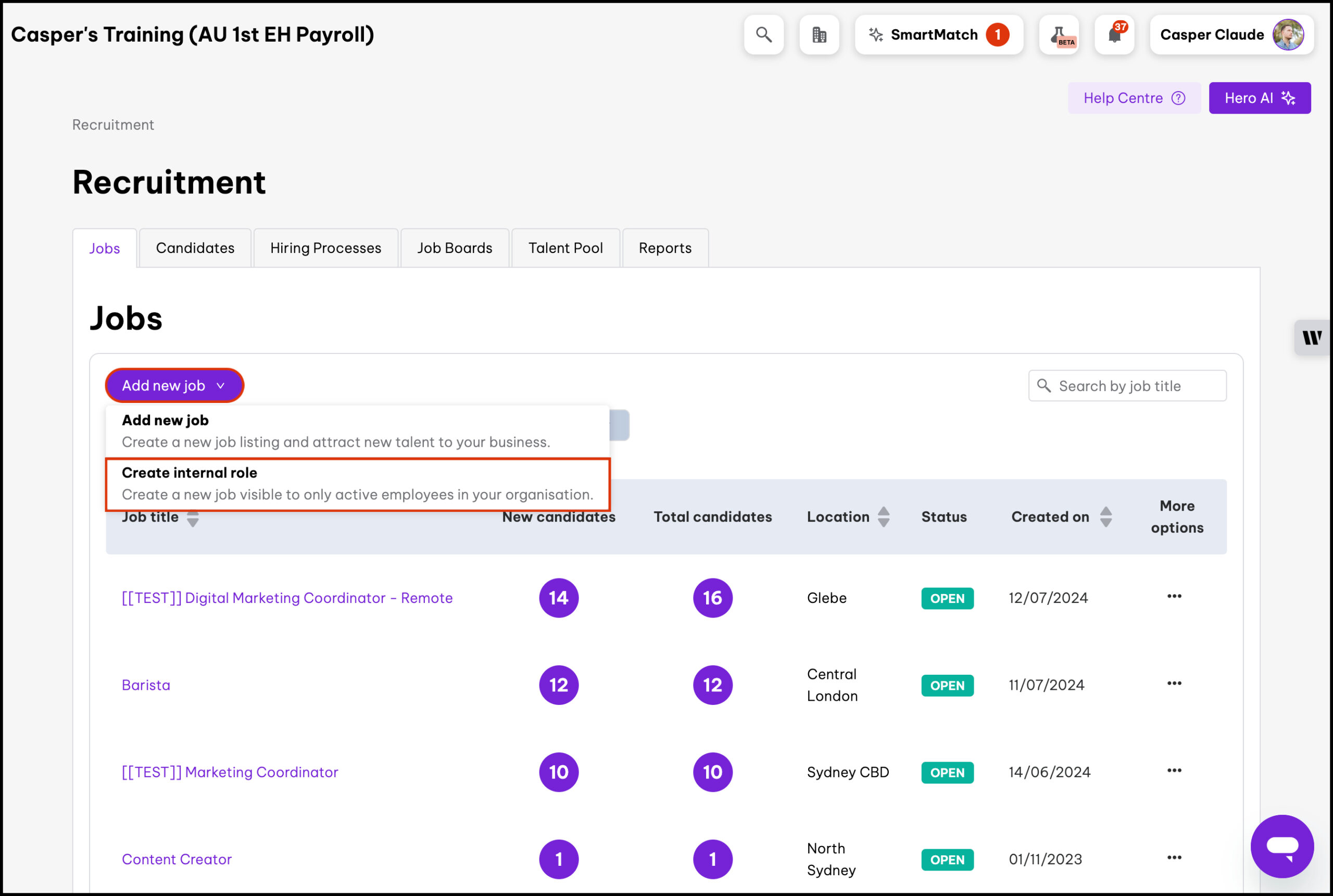 Recruitment dashboard with 'Add new job' dropdown highlighted, showing the option to create an internal role visible only to active employees