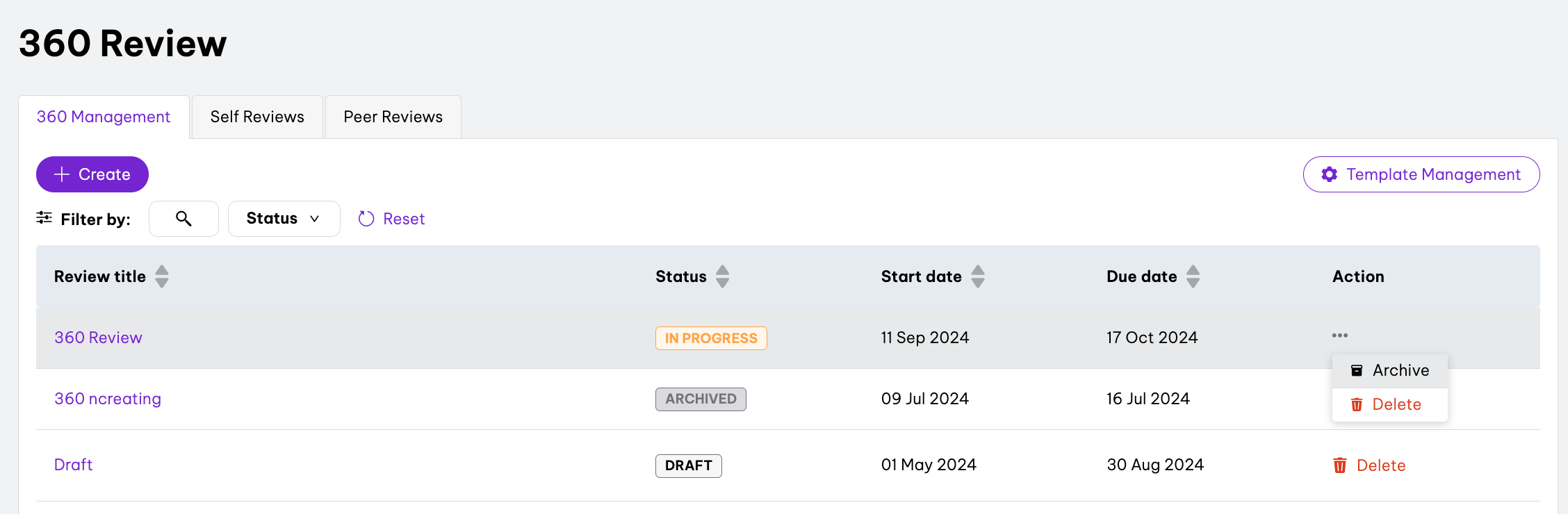 360 Review management interface showing a list of review cycles with titles, statuses, start dates, due dates, and action options like 'Archive' and 'Delete.' Options to filter by status, create a new review, and access template management are also available.