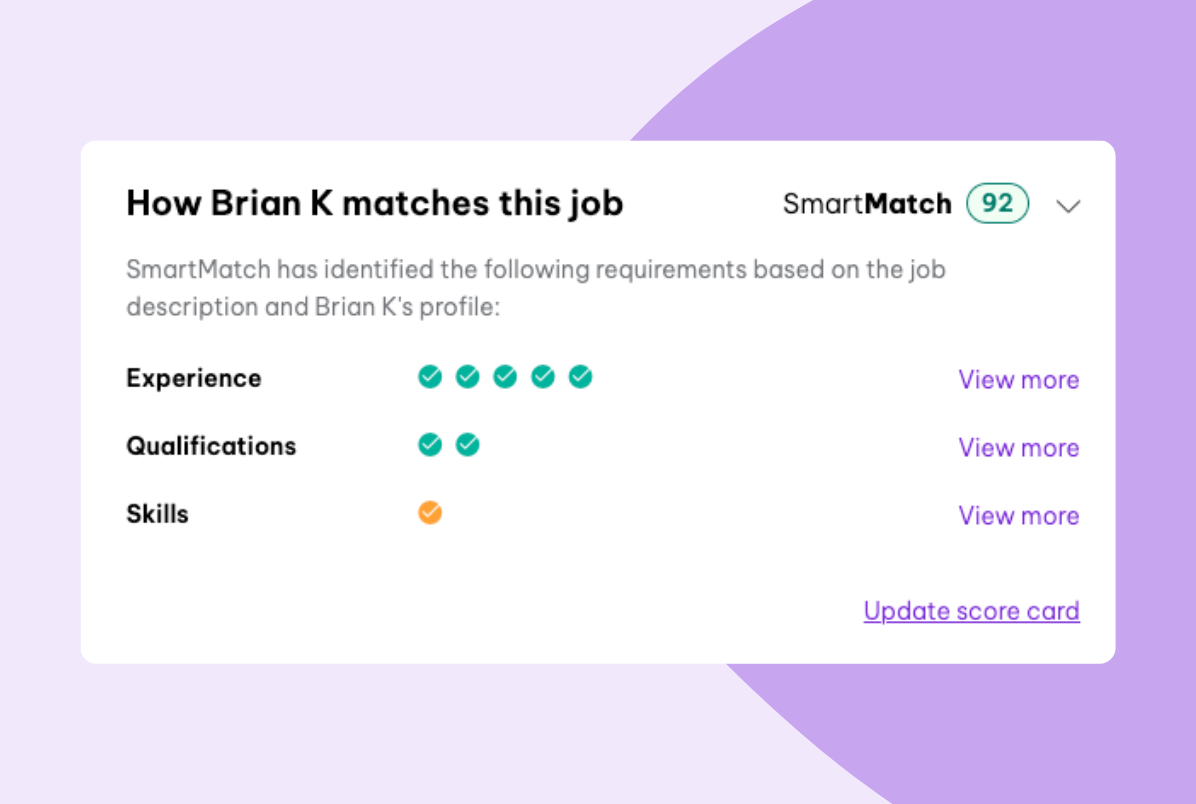 This update allows you to view, reorder, add or delete criteria when creating a new job, allowing you to define the most important evaluation criteria for the role you’re hiring for. Image shows how Brian K, a candidate, matches this job in terms of experience, qualifications, and skills