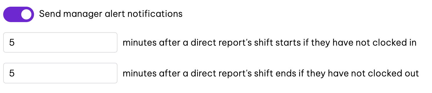 Settings interface showing options to send manager alert notifications if a direct report does not clock in or out. The notifications are set to be sent 5 minutes after the shift starts or ends if the employee has not clocked in or out