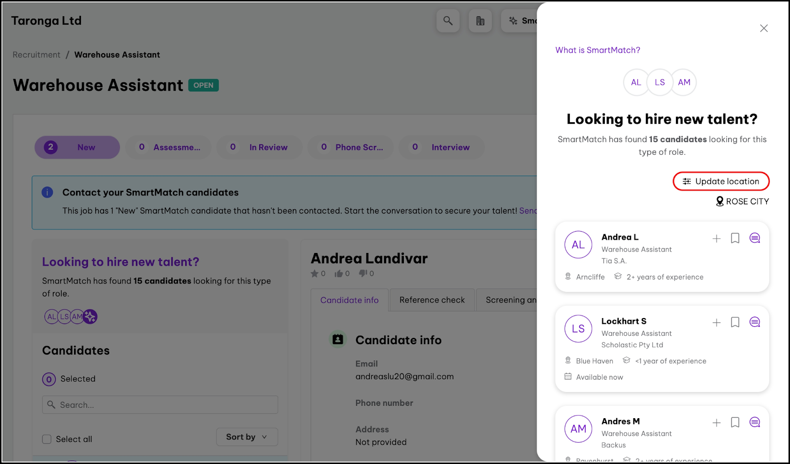 screenshot of the 'Update Location' function in SmartMatch.