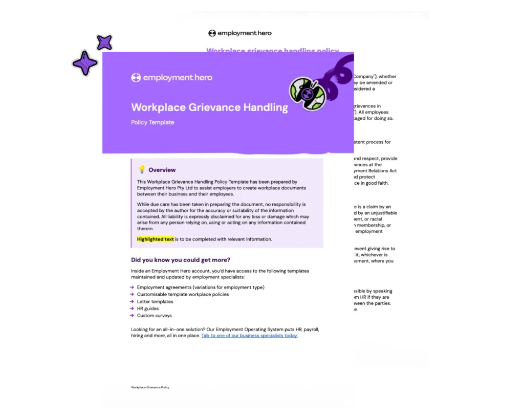 A document titled "Workplace Grievance Handling" by Employment Hero. It features a purple header with company logo. The overview section describes policy preparation and highlights specific text needing completion. Lists additional templates available with related icons. The tone is professional and informative.