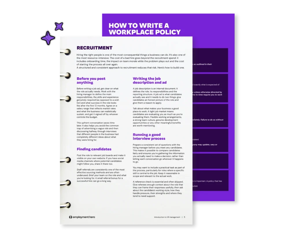 A white document titled "Recruitment" with sections on job posting, writing descriptions, and interview processes. Bold text headings. Purple background with "How to Write a Workplace Policy" at the top in white.