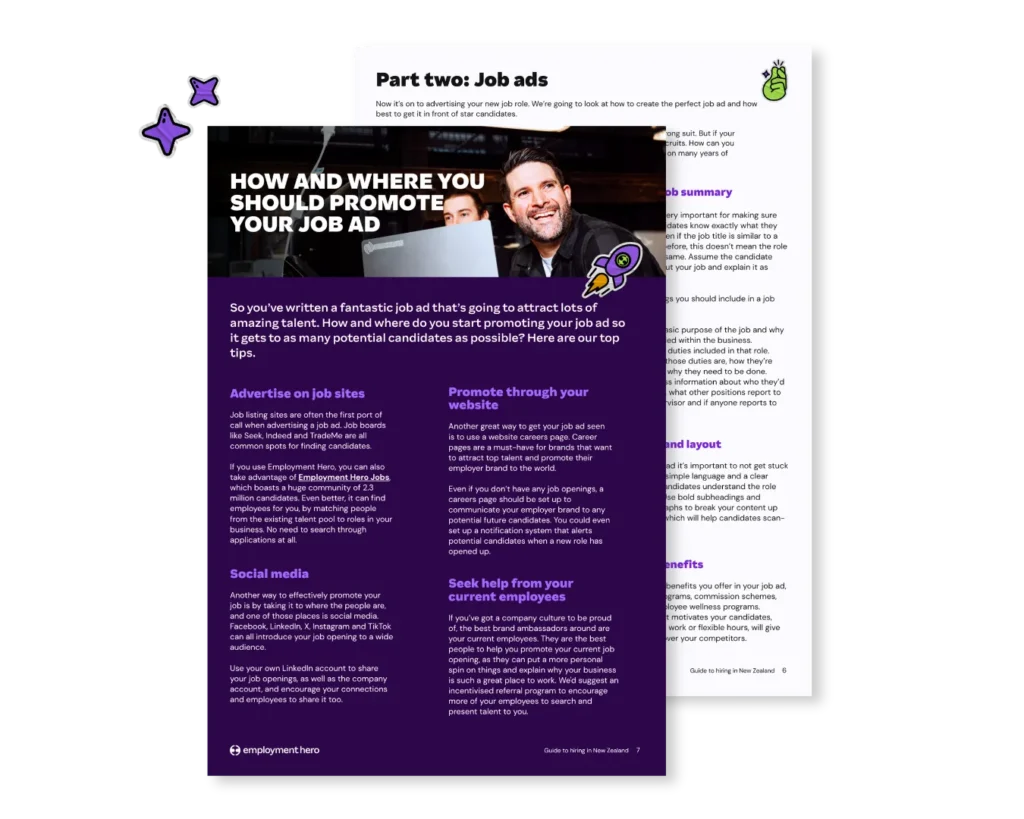 A stacked preview graphic of the Employment Hero complete guide to hiring employees in New Zealand, highlighting an internal page that details how and where to promote your job ads to attract top talent.
