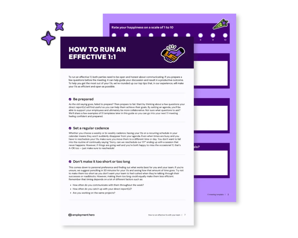 Alt text: "A two-page guide titled 'How to Run an Effective 1:1' with tips on preparation, regularity, and timing. It features a colorful design with icons like a handshake and stars, using a purple and white color scheme. The guide includes a happiness rating scale from 1 to 10 and sections for notes. The tone is professional and supportive."