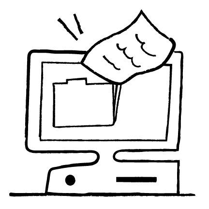 An abstract illustration of a computer monitor displaying a folder icon with a document attached to it.

