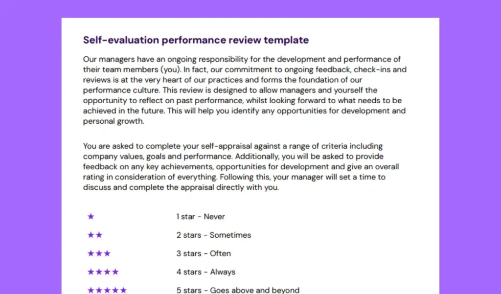 Alt text: "A Self-evaluation performance review template on a purple background. The text explains the purpose of self-appraisal in employee development, including a star rating system from 1 to 5, indicating levels from 'Never' to 'Goes above and beyond.'"