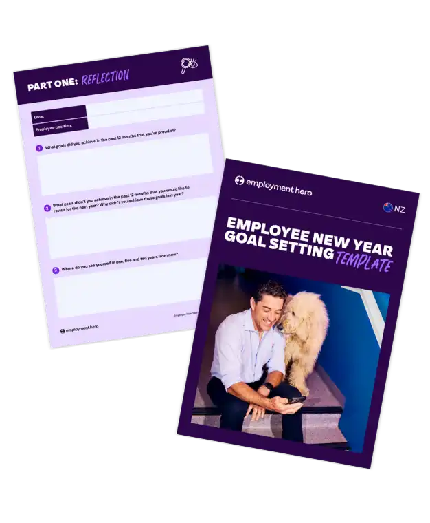 Two purple-toned pages show an “Employee New Year Goal Setting Template.” The left page is titled “Reflection” with questions and spaces to fill. The right page features a joyful man with a fluffy dog on a staircase.