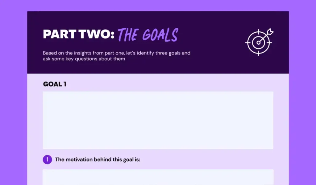 Alt text: "Purple-themed goal-setting template labeled 'Part Two: The Goals.' Includes sections for goal identification and motivation explanation with a target icon."
