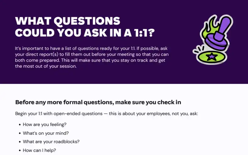 Alt text: "Purple banner with text 'What questions could you ask in a 1:1?' and an illustration of a green and purple magic wand. Below, a list of open-ended check-in questions for meetings: 'How are you feeling?', 'What’s on your mind?', 'What are your roadblocks?', 'How can I help?'. The tone is informative and supportive."