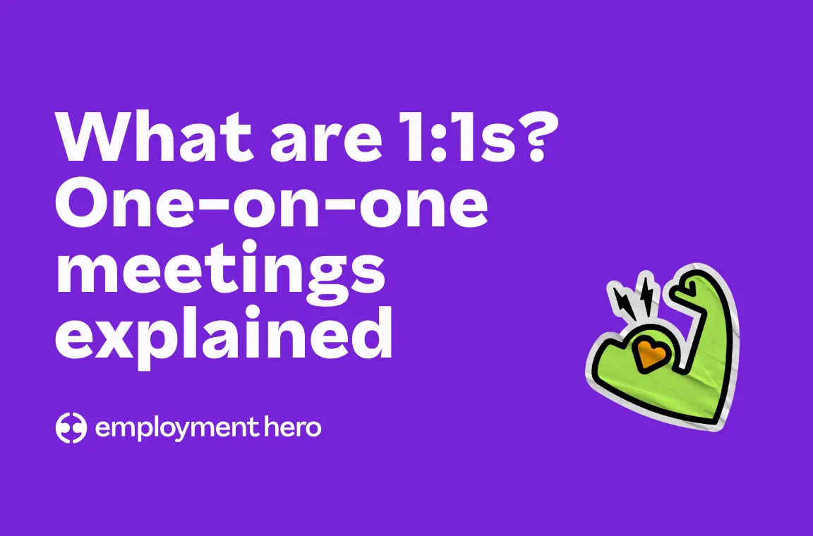 White text on purple background asks, "What are 1:1s? One-on-one meetings explained," with a flexed green arm and a heart. Logo reads "employment hero."