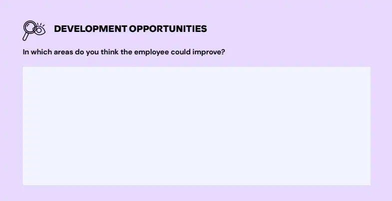 Purple graphic with a header labeled "Development Opportunities" and a question asking about areas for employee improvement. Blank space below.