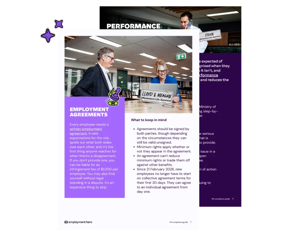 A graphic displaying two overlapping pages from an Employment Hero "HR compliance guide". The front page features a purple sidebar titled "EMPLOYMENT AGREEMENTS" and a bulleted section titled "What to keep in mind" that details legal requirements and minimum rights. It also includes a photo of a smiling man and woman in an office holding a sign reading "LLOYD & MEAGAN Momentum Life, Auckland," accented by a cartoonish purple stamp overlay. The partially visible back page has a dark purple background with the heading "PERFORMANCE".