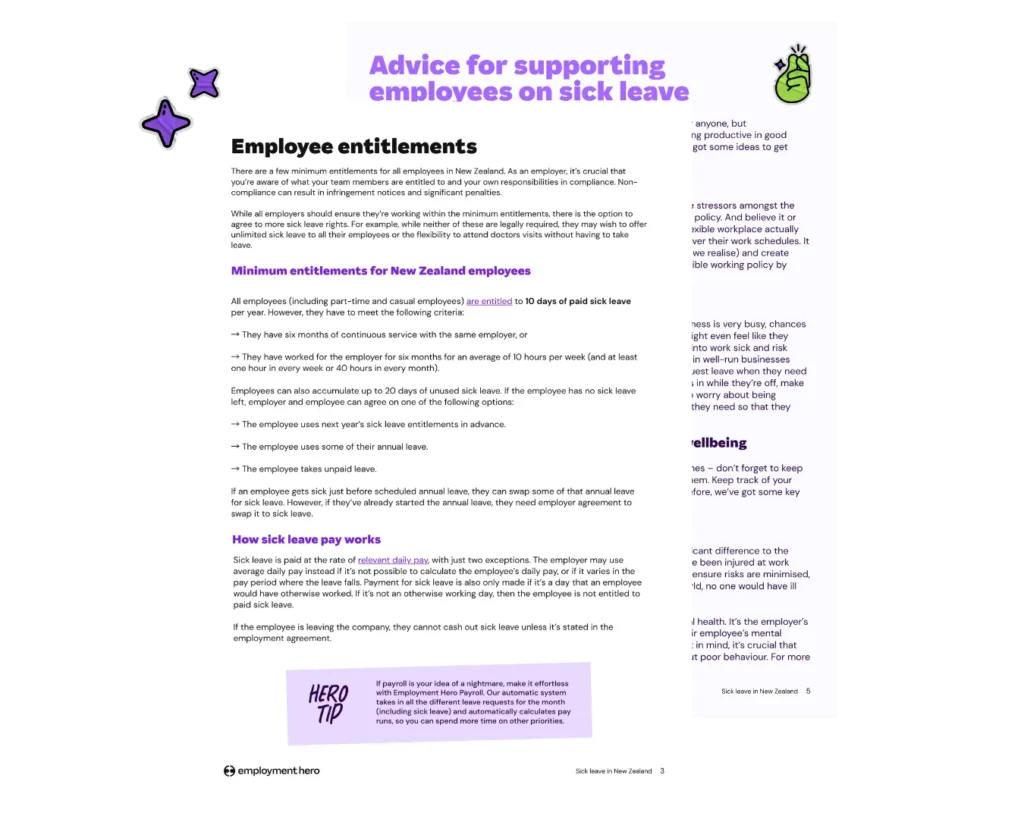 Stacked document pages showing a preview of an internal page titled "Employee entitlements" from the "Sick Leave in New Zealand" guide.