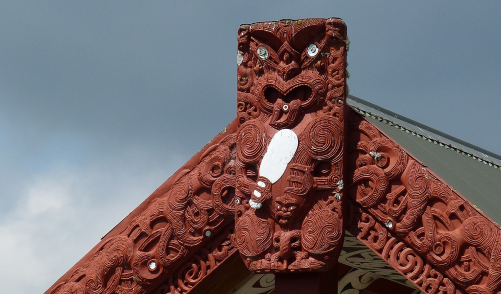 Maori carving at the top of a marae