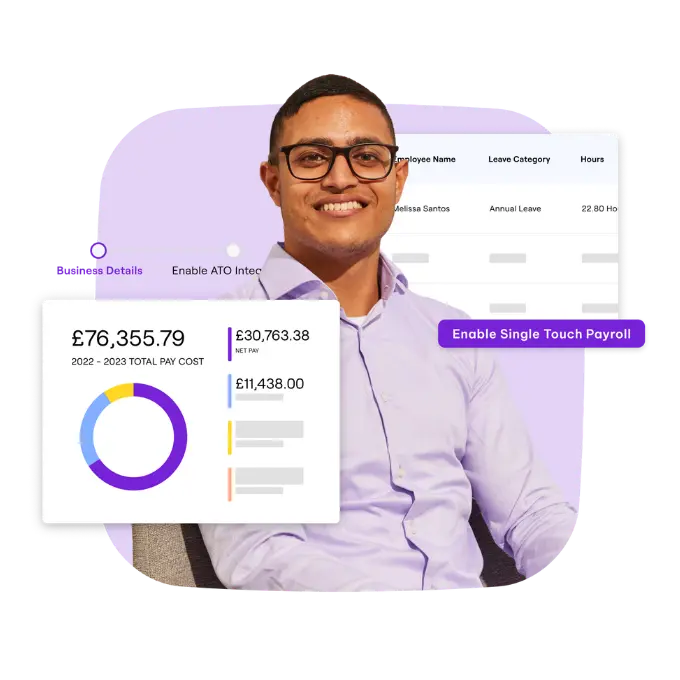 Smiling man in front of a payroll dashboard showing pay breakdown and a purple “Enable Single Touch Payroll” button.