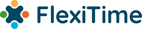 FlexiTime logo with colorful star-shaped icon and bold blue text.