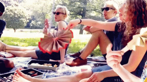 Group of friends enjoying a sunny picnic in the park, using handheld fans to cool off while sitting on a blanket with snacks.