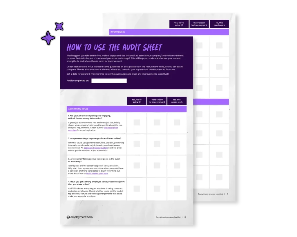 A stacked preview graphic of the Employment Hero recruitment audit and checklist, showing the internal scoring sheets designed to help NZ businesses assess and improve their hiring processes.