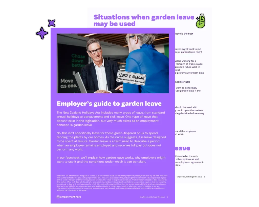 A graphic design layout showing a preview of a two-page document titled "Employer’s guide to garden leave" by Employment Hero, set against a white background with decorative purple stars.