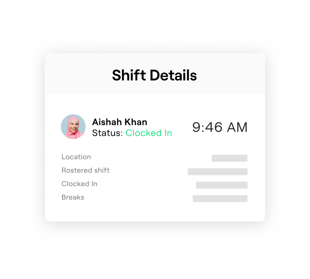 Shift details panel showing employee Aishah Khan's clock-in time and status, along with shift information and break details