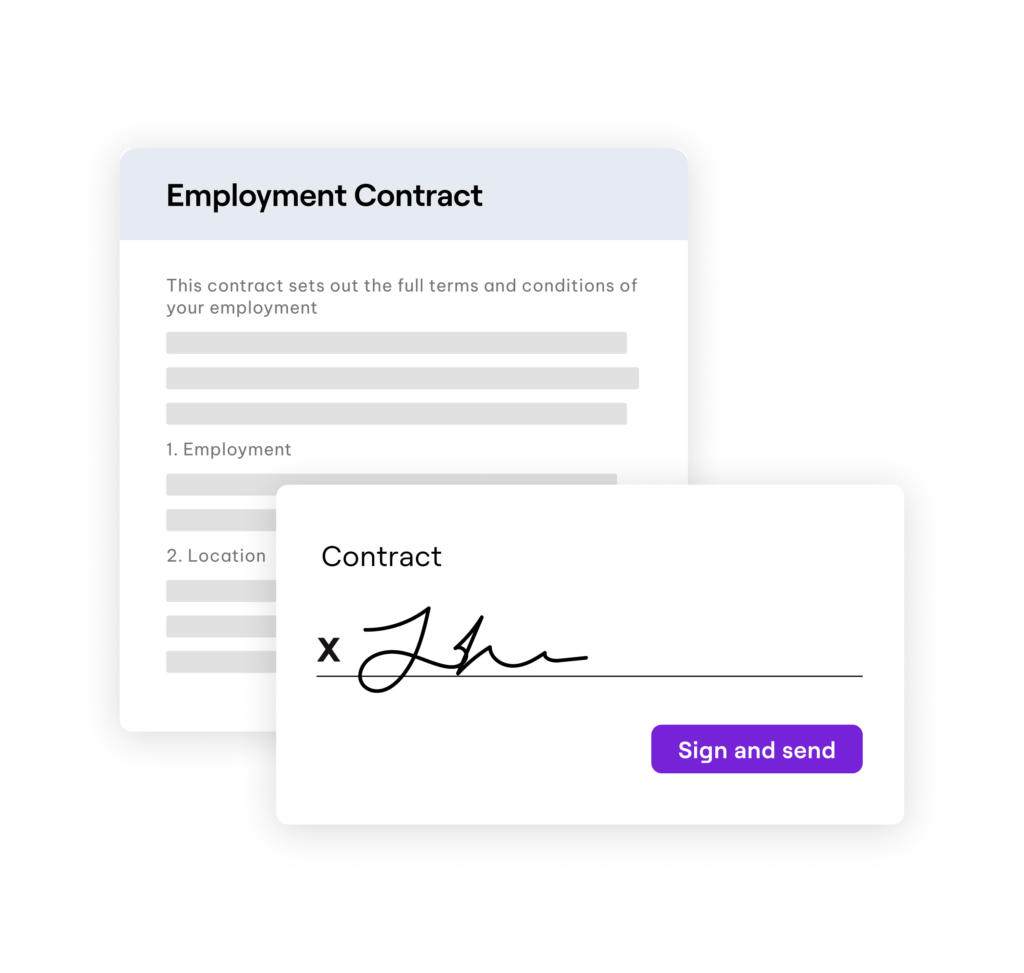 Digital employment contract interface showing a document with terms and conditions, alongside a signature box labeled 'Contract' with a handwritten signature and a purple 'Sign and send' button.