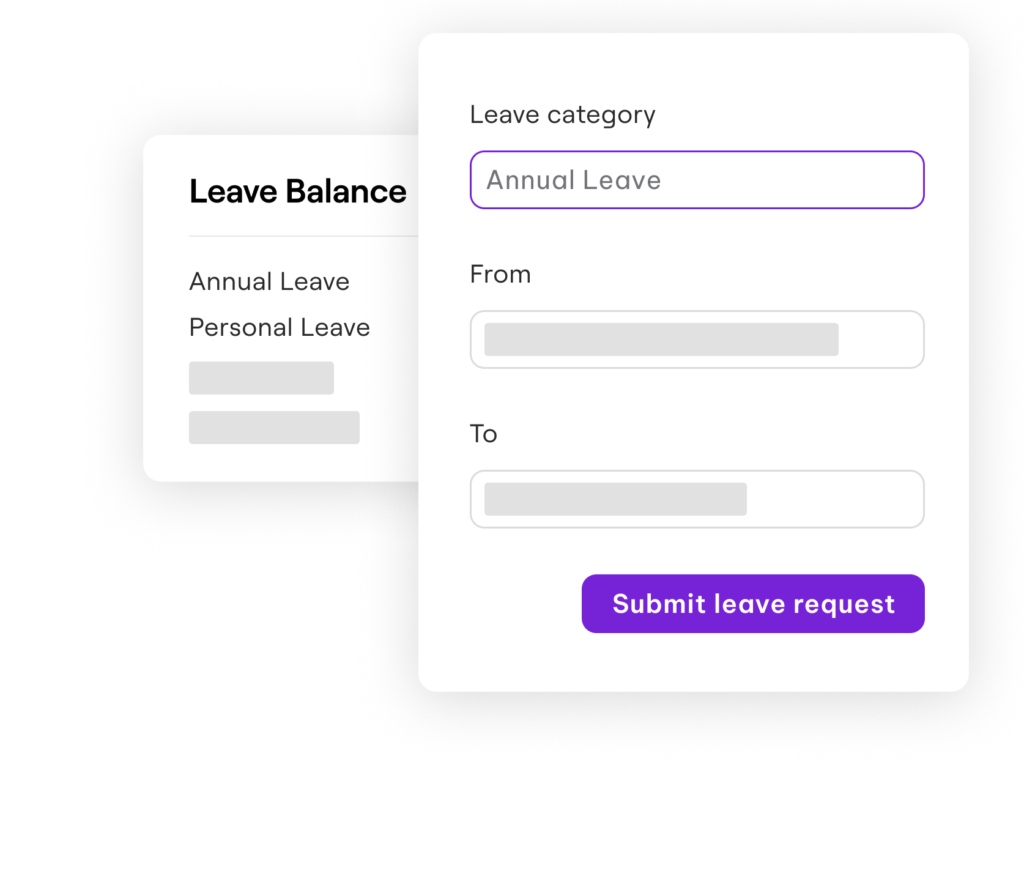 Leave request interface showing options to select a leave category, such as Annual Leave, and fields to enter start and end dates. A purple button labeled 'Submit leave request' is displayed, alongside a leave balance summary for Annual Leave and Personal Leave.