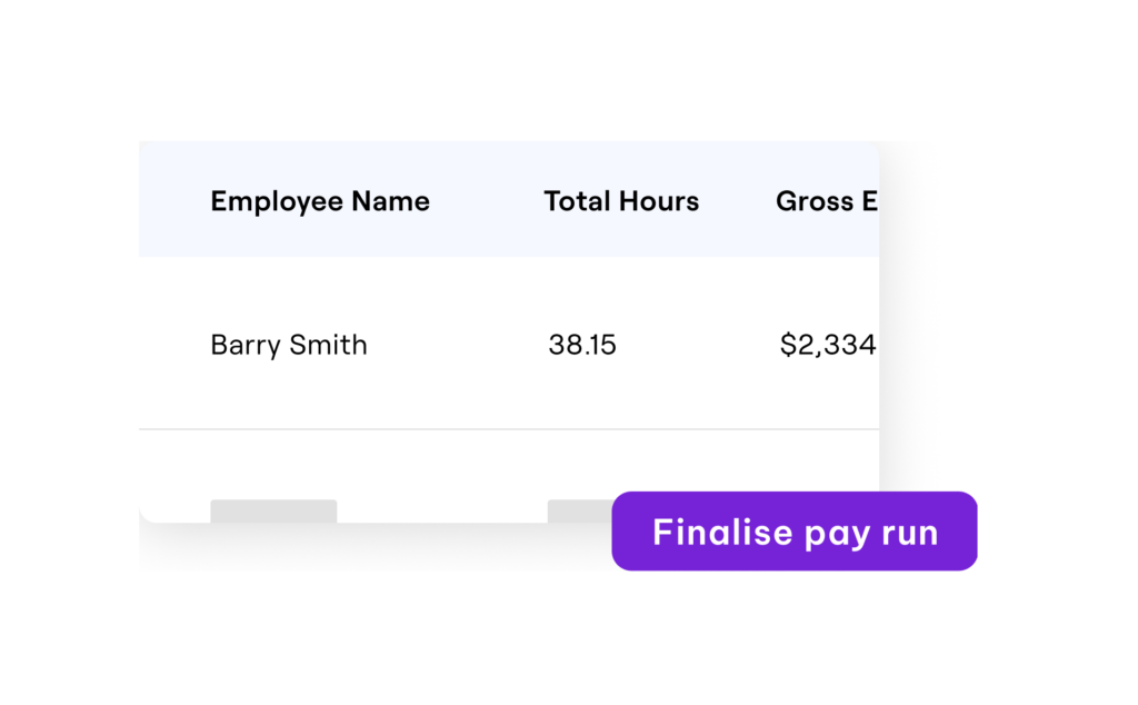 Payroll summary showing an entry for employee Barry Smith with total hours of 38.15 and gross earnings of $2,334. A purple button labeled 'Finalise pay run' is displayed at the bottom