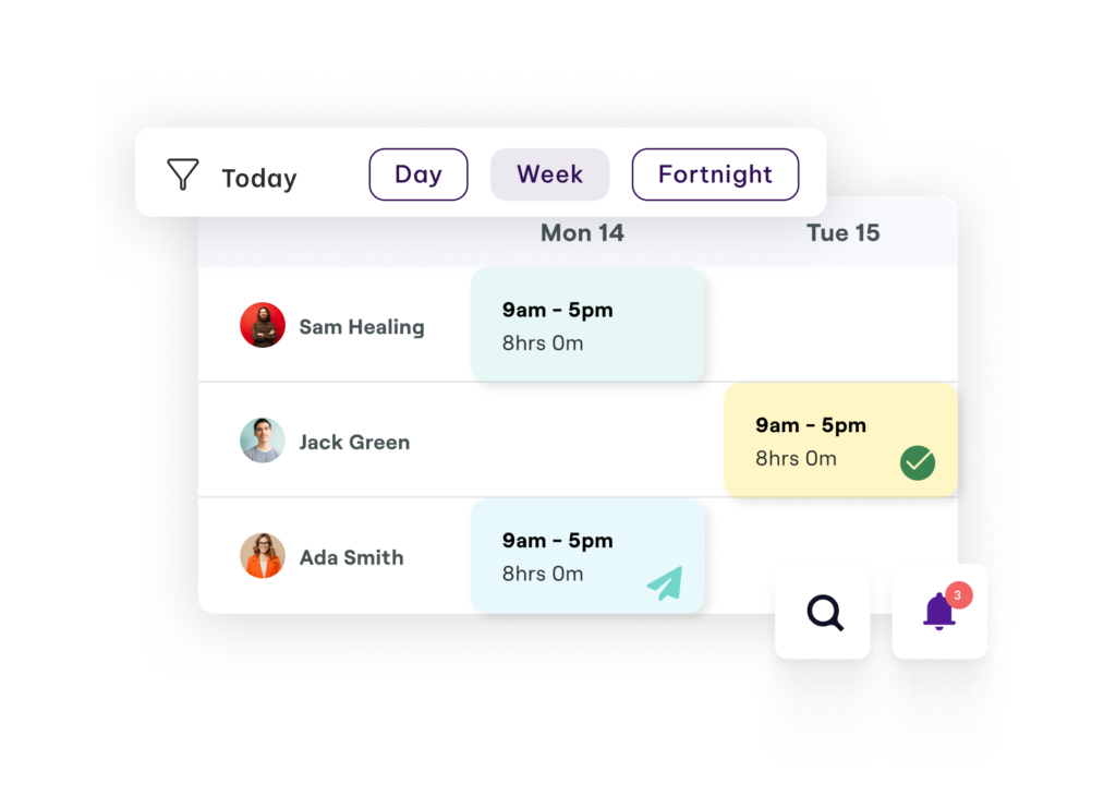 Scheduling interface showing employee shifts for the week. Sam Healing, Jack Green, and Ada Smith have shifts scheduled from 9 am to 5 pm, with icons indicating shift statuses. View options include Day, Week, and Fortnight, and there are icons for filter, search, and notifications.