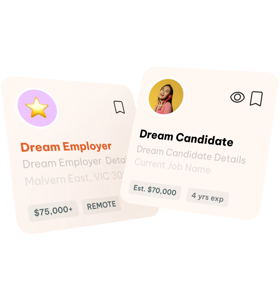 Illustration of two profile cards labeled 'Dream Employer' and 'Dream Candidate' against a light purple background. The employer card shows details like location and a salary of $75,000 with 'Remote' indicated, while the candidate card displays estimated salary of $70,000 and 4 years of experience.