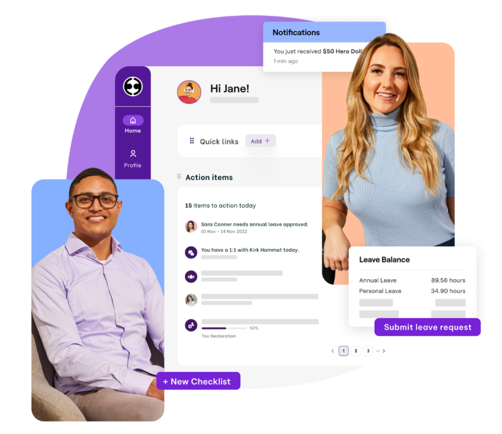 A collage of two employees with a dashboard interface displaying action items, notifications, and leave balance