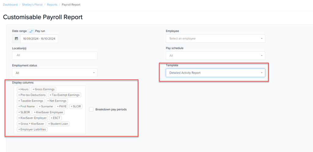 screenshot of Payroll Report page, highlighting Display columns field, Breakdown pay periods checkbox, and Template field
