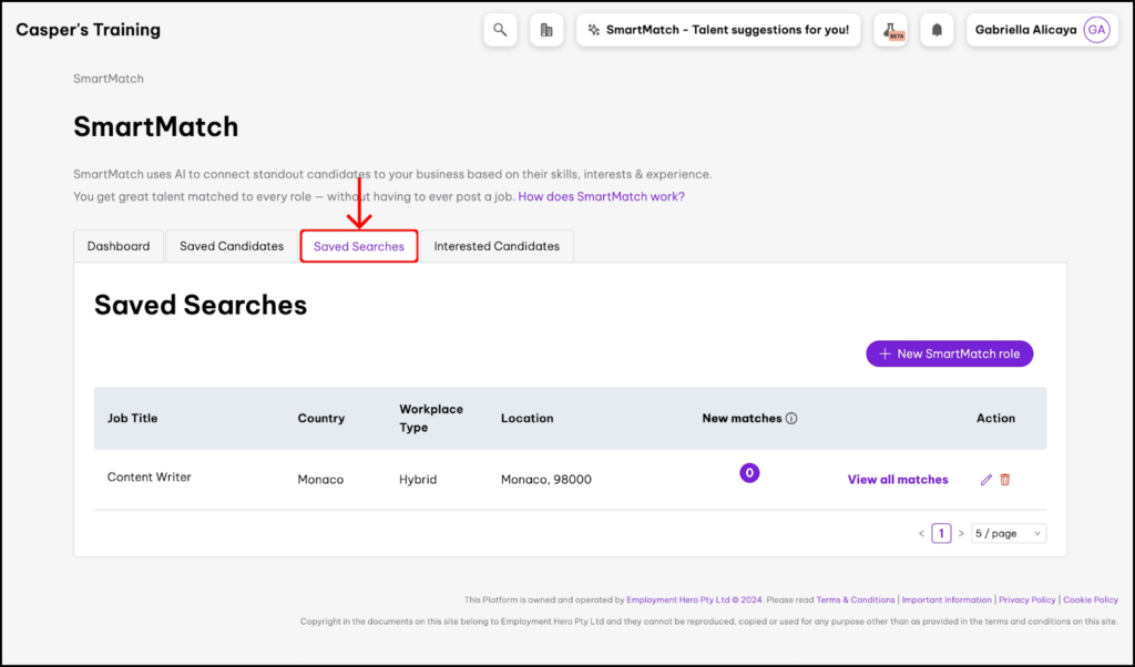 screenshot of the saved searches function in SmartMatch.