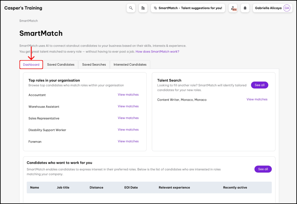 screenshot of the SmartMatch Dashboard
