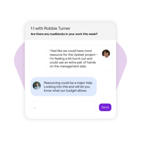 1-on-1 performance check-in chat discussing workload and resource allocation.