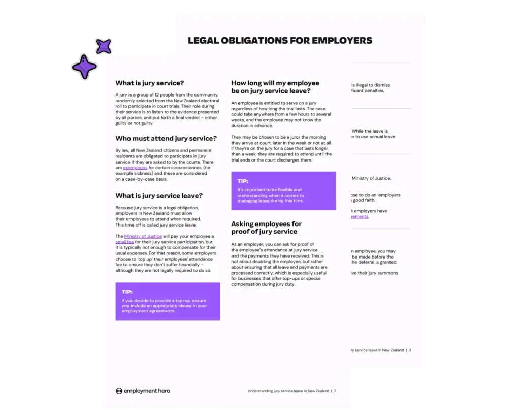 A fact sheet titled "Legal Obligations for Employers" outlines information and tips about jury service, employee leave, proof of service, and relevant legal requirements.