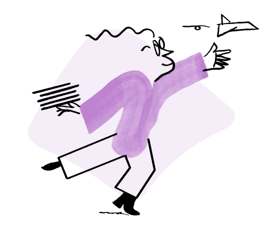An illustration of Quinn energetically throwing a paper plane.