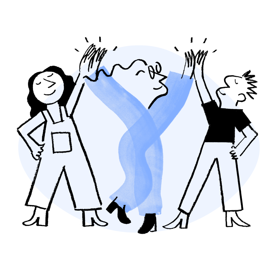 An illustration of Quinn energetically giving high-five to others.