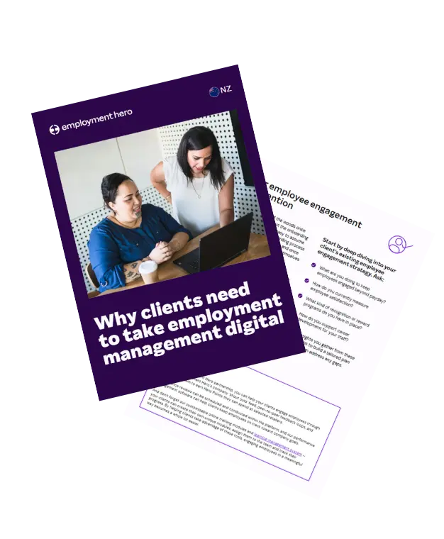 Two women reviewing a laptop together. Cover text reads: "Why clients need to take employment management digital" by Employment Hero NZ.