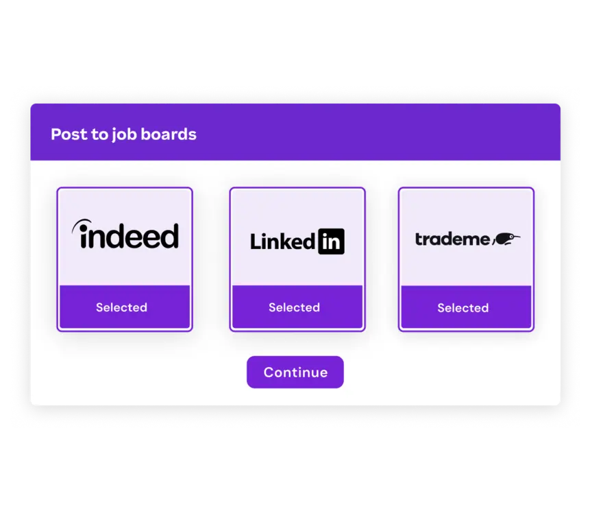 A purple interface displays options to "Post to job boards." Indeed, LinkedIn, and Trademe logos are shown, all marked as "Selected," with a "Continue" button.