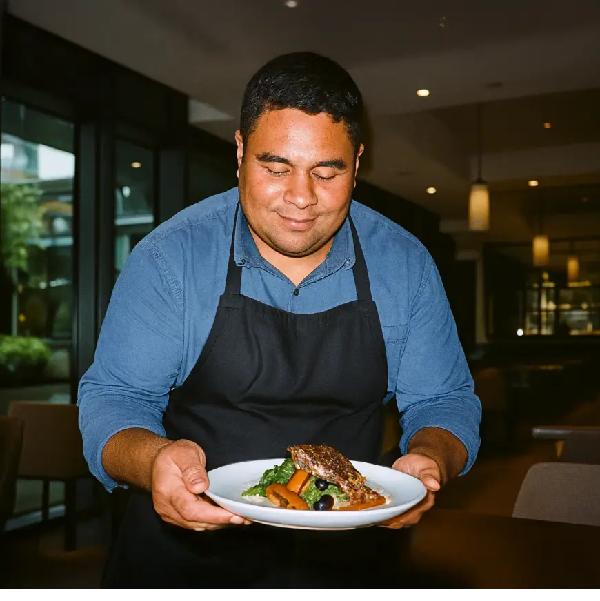 A server in a blue shirt and black apron proudly presents a dish on a white plate.