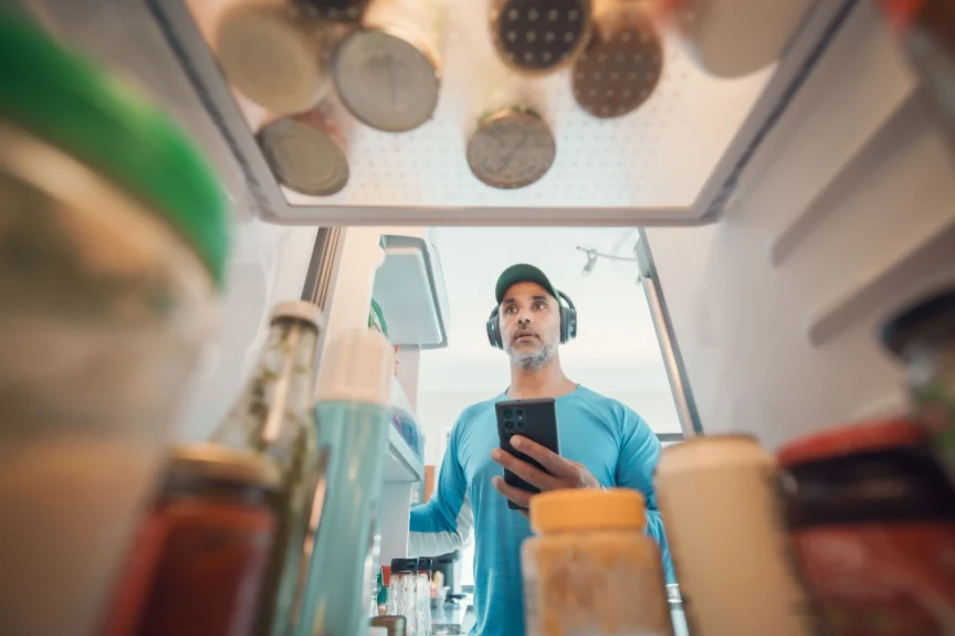Man with headphones holding a phone, looking into an open refrigerator.