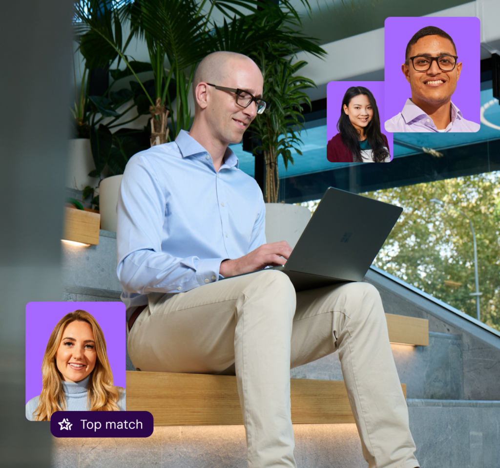 Man using a laptop on stairs, surrounded by floating profile images of candidates, with a "Top match" label.